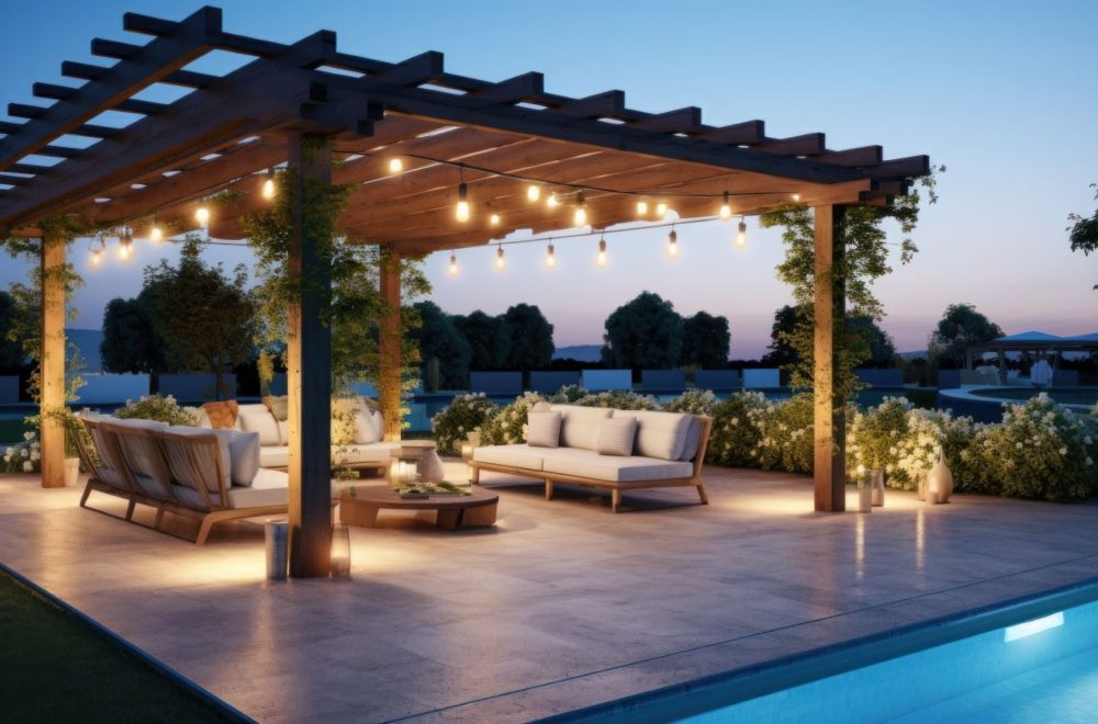 Teak wooden deck with decor furniture and ambient lighting. Side view of garden pergola with gas grill at twilight. Teak wooden deck with decor furniture and ambient lighting. Side view of garden pergola with gas grill at twilight.