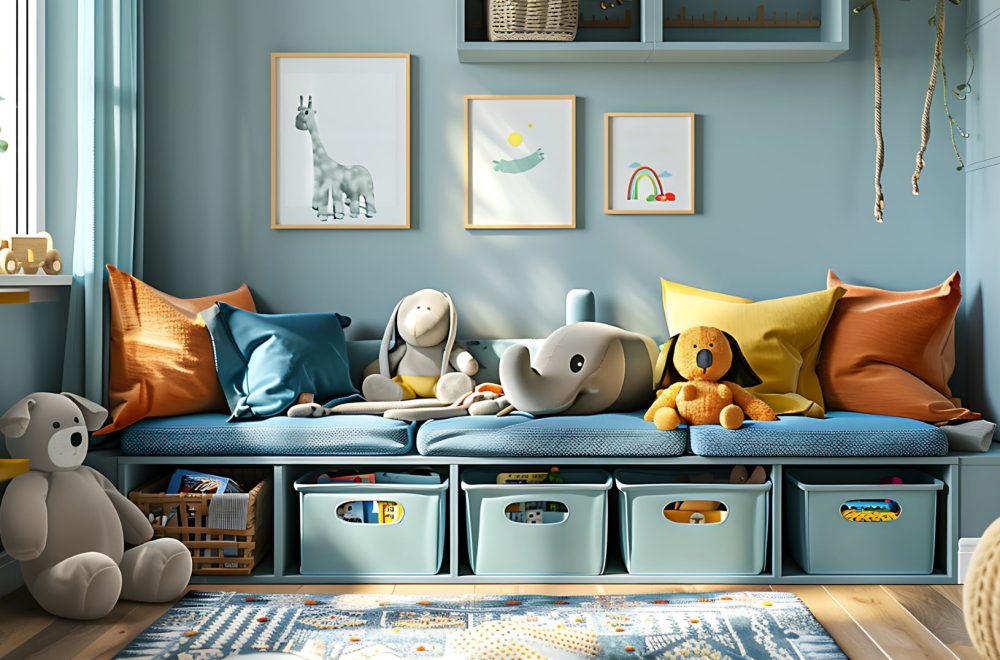A bookshelf with integrated seating and storage bins, providing a versatile solution for organizing books, toys, and other items in a child’s playroom or family room A bookshelf with integrated seating and storage bins, providing a versatile solution for organizing books, toys, and other items in a child's playroom or family room